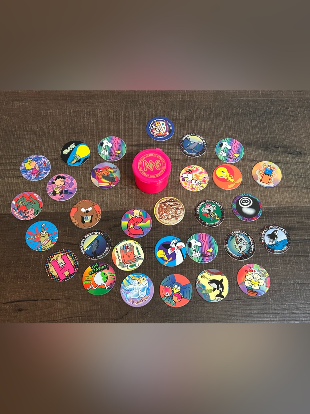 POG Officially Licensed Pink Small Milkcap Container And Over 25 Pogs